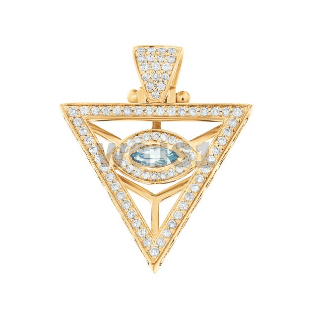 Diamond 3D Triangle with Light Blue Eye Pendant 14k Yellow Gold