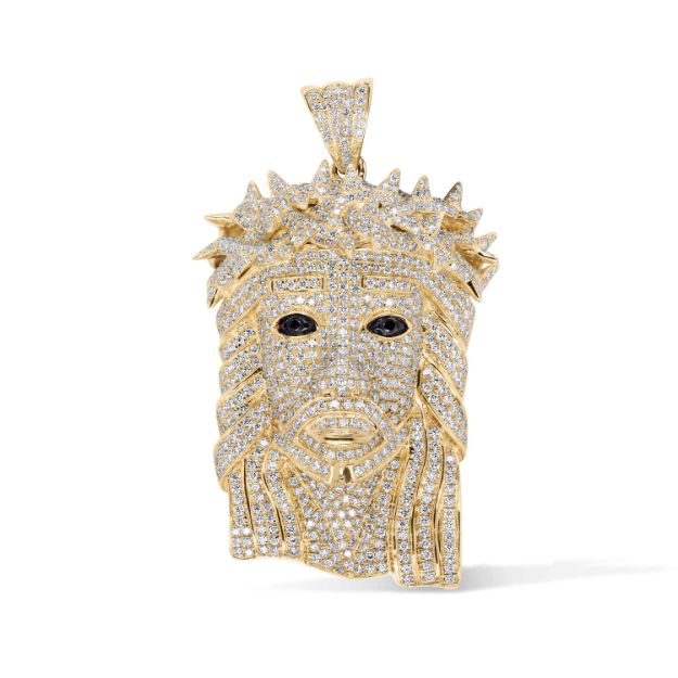 White and Black Diamond crowned Jesus Pendant 5.65 ct.  10K Yellow Gold