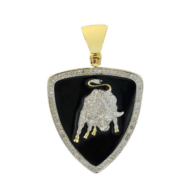 Diamond Bull Pendant 0.82 ct. 10K Yellow Gold and Black enamel