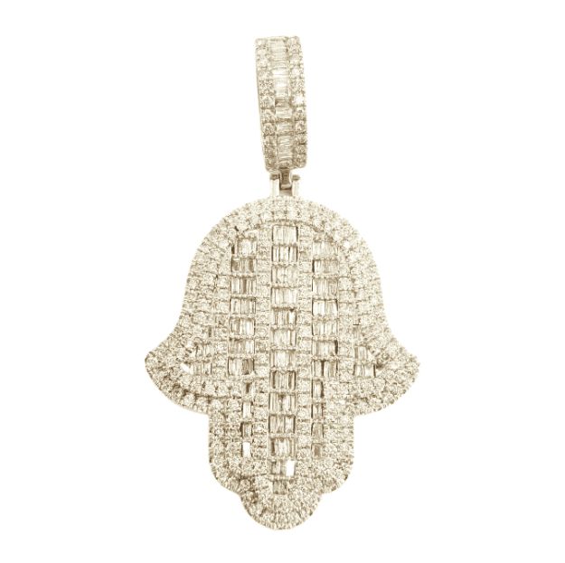 Baguette Diamond Hamsa Pendant 4.57ct 14k Yellow Gold