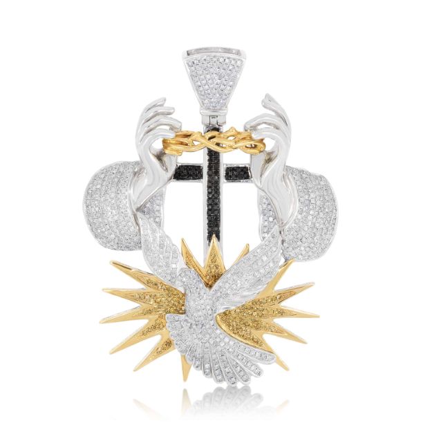 Diamond Dove Cross Pendant 3.50 ct. 10K White and Yellow Gold