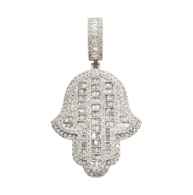 Baguette Diamond Hamsa Pendant 4.57ct 14k White Gold