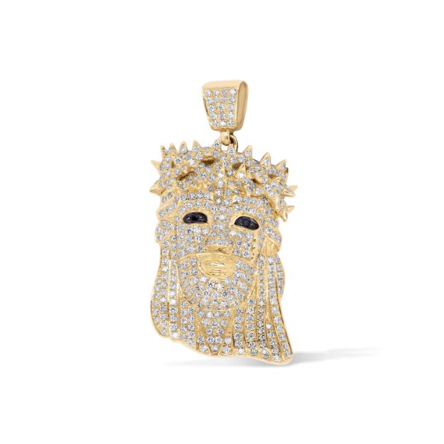 White and Black Diamond crowned Jesus Pendant 2.00 ct.  10K Yellow Gold