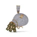 Green and White Diamond Money Bag Pendant  1.41 ct.  10K Yellow Gold