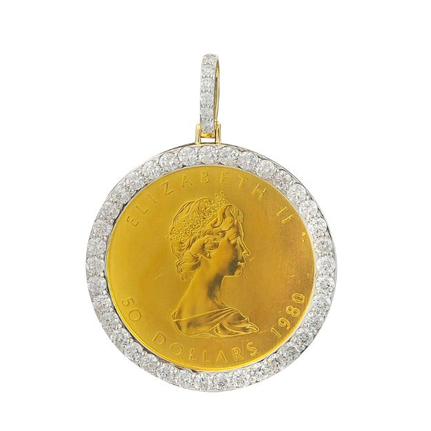 Diamond Elizabeth II $50 Pendant  2.86 ct. 10K + 24K Yellow Gold 9.15 + 31.16 g