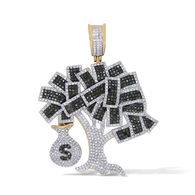 Green and White Diamond Money Tree Pendant  1.82 ct.  10K Yellow Gold