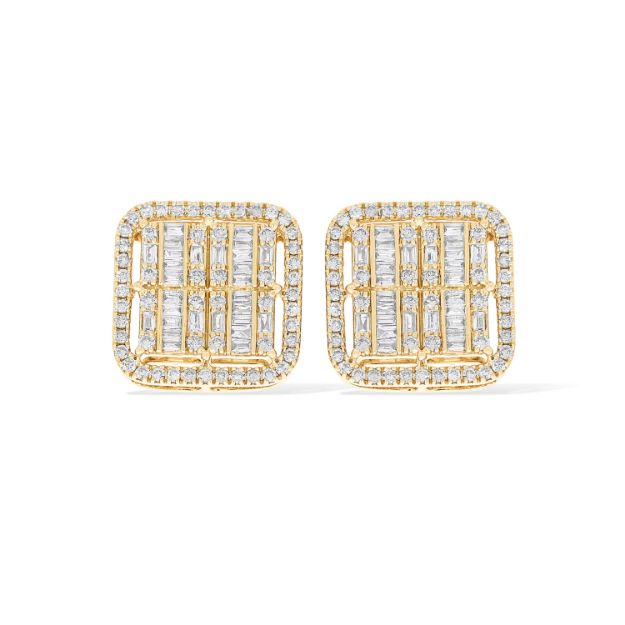 Rounded Square Baguette Diamond Earrings 1.32 ct. 14k Yellow Gold