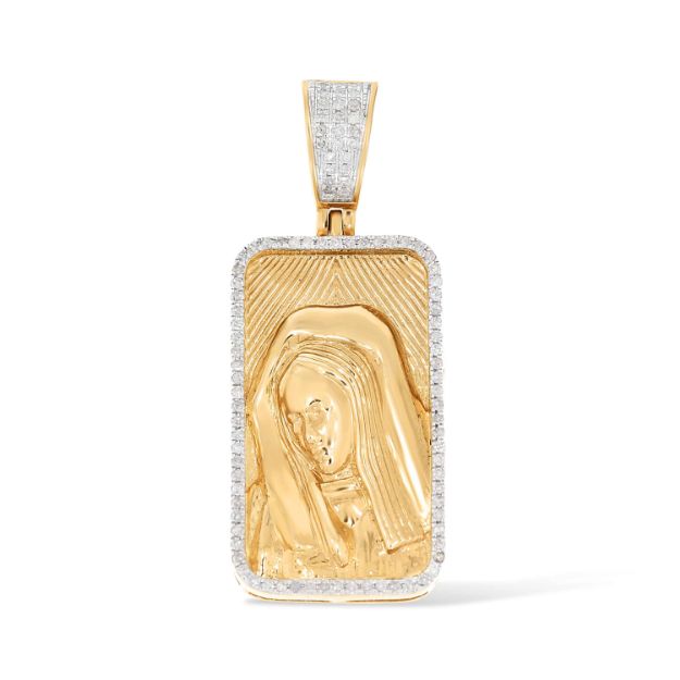 Diamond Mother Mary Rounded Rectangular Medallion 0.45 ct. 14k Yellow Gold