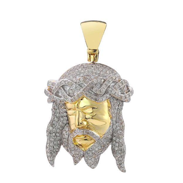 Diamond crowned Jesus Pendant  1.90 ct. 10K Yellow Gold 10.9 g