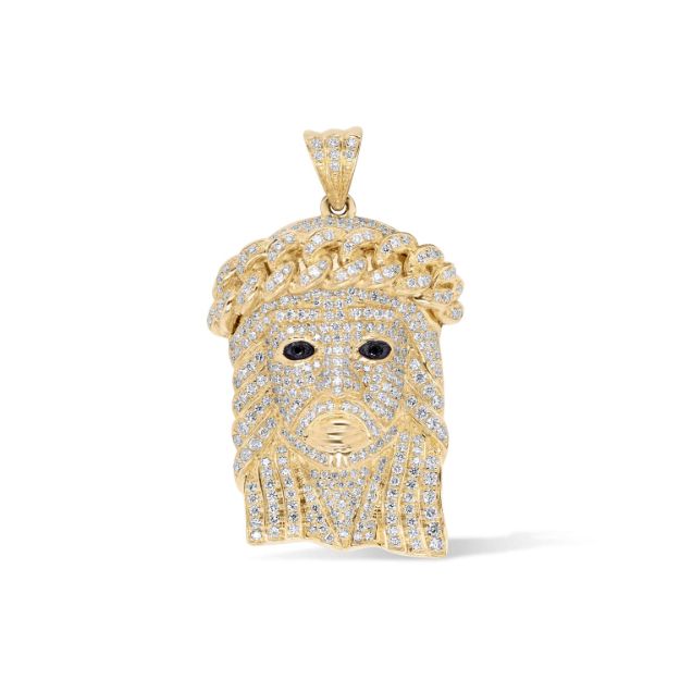 White and Black Diamond crowned Jesus Pendant 2.26 ct. 10K Yellow Gold