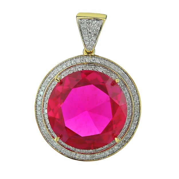 Diamond Ruby Pendant 1.0 Inch  CZ 21.46 ct. 0.70 ct. 10K Yellow Gold