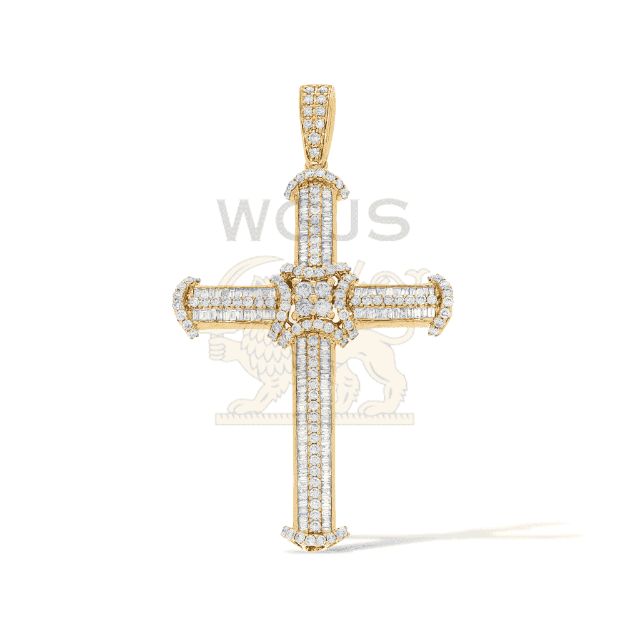 Baguette and Round Diamond Cross Pendant 1.30 ct. 14k Yellow Gold