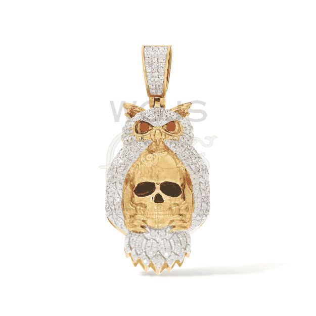 Diamond Owl Holding Skull Head Pendant 0.51 ct. 10k Yellow Gold