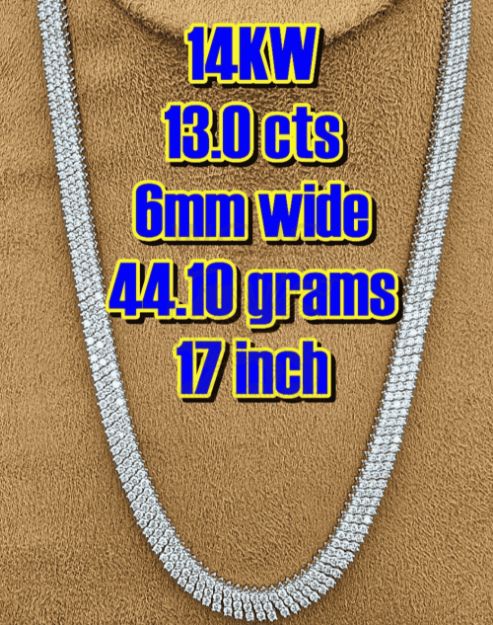 14K WHITE GOLD   13CT  44.1 GRAMS  6MM WIDE  17" DIAMOND BUSTDOWN CHAIN