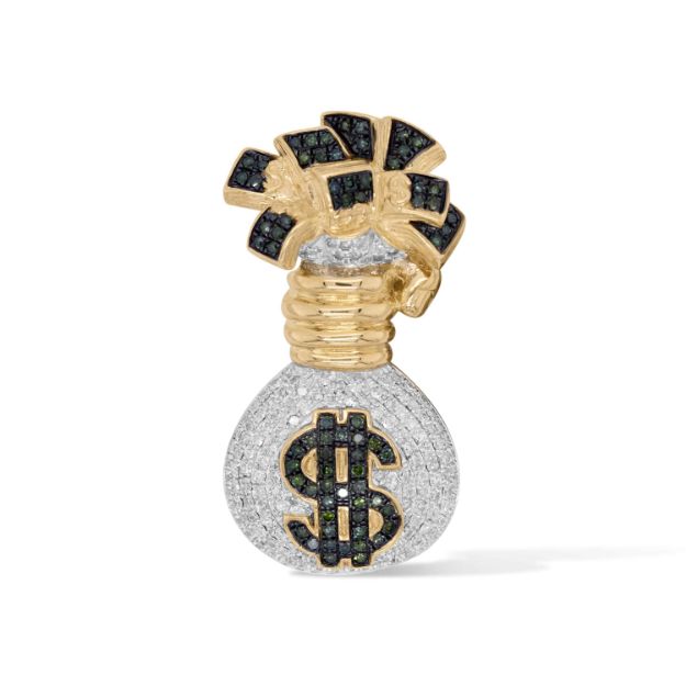 Green and White Diamond Money Bag Pendant  1.16 ct.  10K Yellow Gold