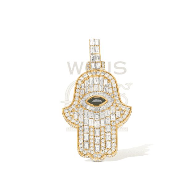 Baguette Diamond Hamza Hand Pendant 4.00 ct. 14k Yellow Gold