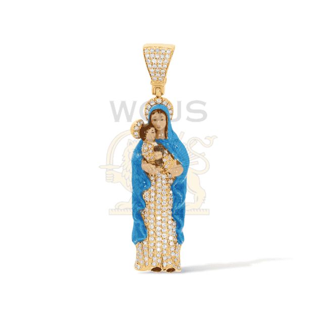 Diamond Mary Holding Jesus Pendant with Enamel 0.45 ct. 14k Yellow Gold