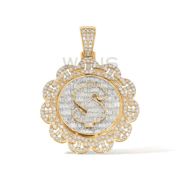 Baguette and Round Diamond Money Sign Medallion 3.30 ct. 14k Yellow Gold