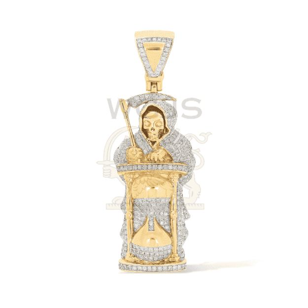 Diamond Reaper Santa Muerte Hourglass Pendant 1.46 ct. 10k Yellow Gold