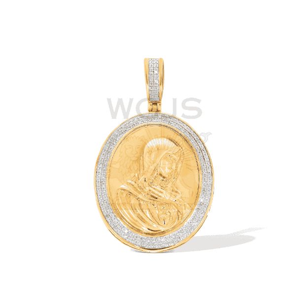 Diamond Mother Mary Oval Medallion Pendant 0.41 ct. 10k Yellow Gold