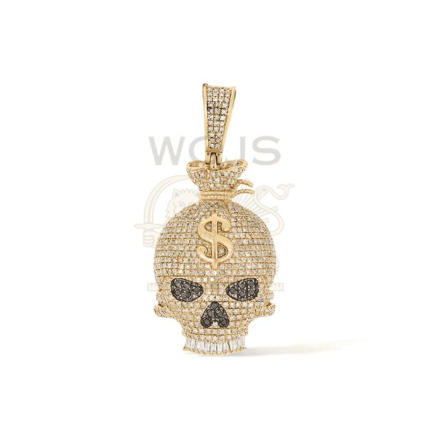 Diamond Skull Head Money Sign Pendant 1.24 ct. 10k Yellow Gold