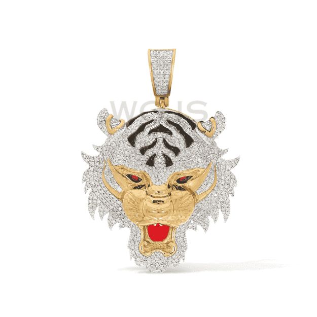 Diamond Enamel Tiger Head Pendant 0.99 ct. 10k Yellow Gold