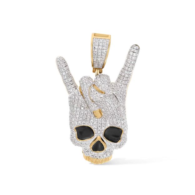 Diamond Skull Head Rock On 0.88 ct. 10k Yellow Gold