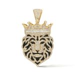 Black Enamel Diamond Lion Head Pendant 4.43 ct. 10k Yellow Gold