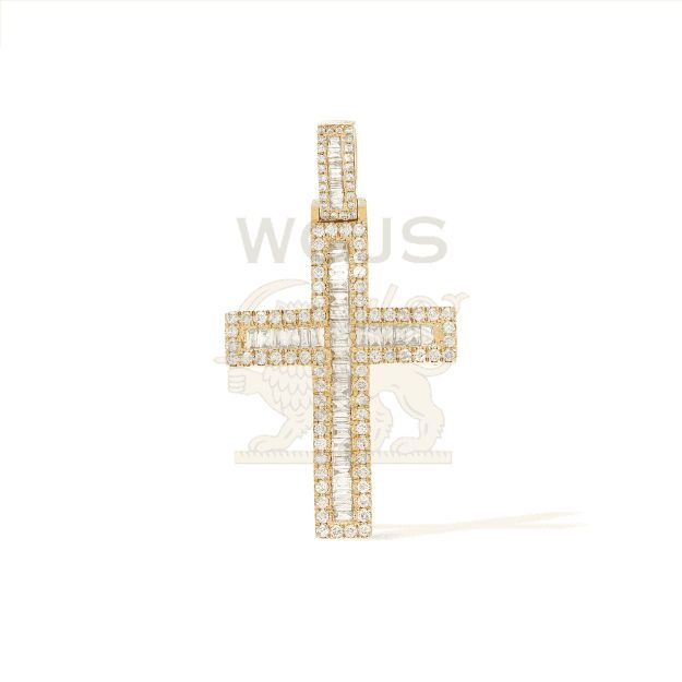 Round and Baguette Diamond Cross Pendant 1.35 ct. 14k Yellow Gold