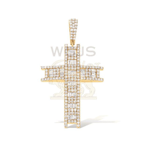 Baguette and Round Diamond Cross Pendant 3.36 ct. 10k Yellow Gold