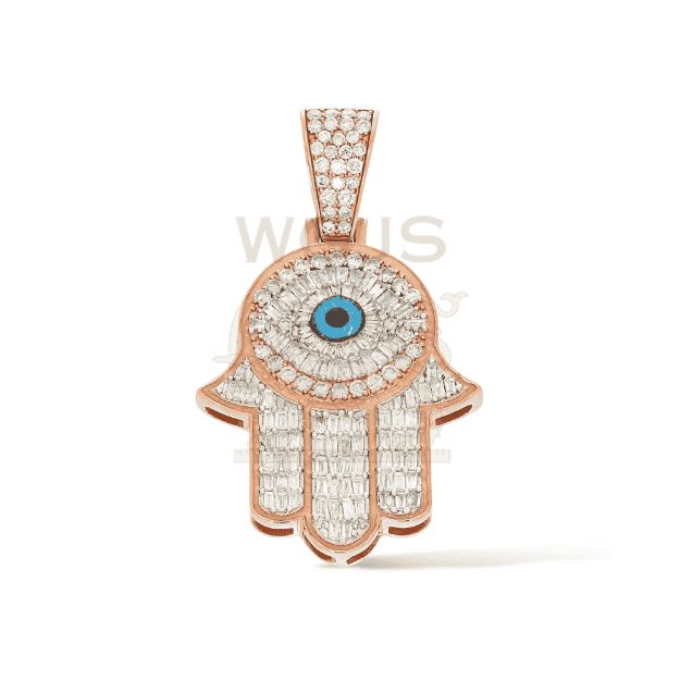 Baguette Hamza Hand Enamel Eye Glow in the dark 2.50 ct. 14k Rose Gold