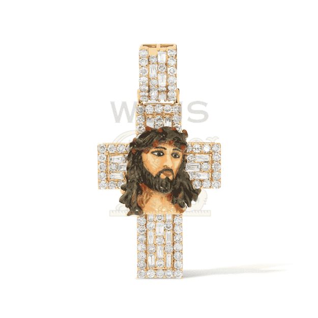 Diamond Cross Pendant with Enamel Jesus 3.30 ct. 10k Yellow Gold