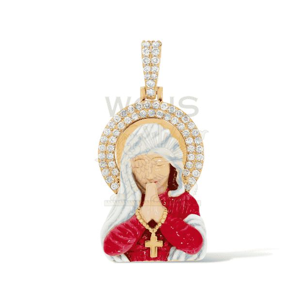 Diamond Enamel Praying Mary Pendant 1.50 ct. 14k Yellow Gold