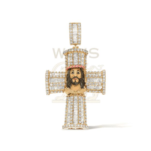 Baguette Diamond Cross Pendant with Enamel 3.85 ct. 14k Yellow Gold