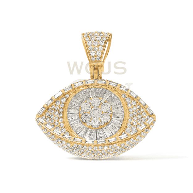 Round and Baguette Diamond Eye Pendant 4.70 ct. 10k Yellow Gold