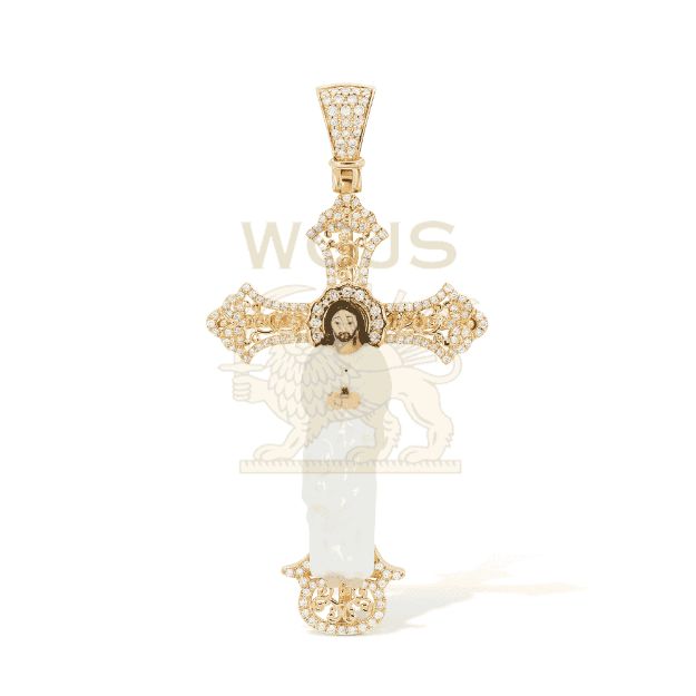 Diamond Cross Pendant Enamel Jesus 0.55 ct. 10k Yellow Gold