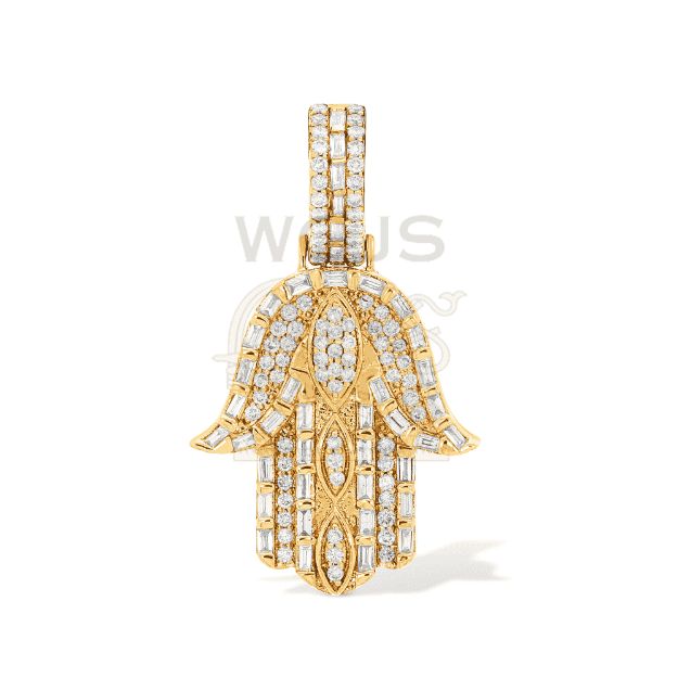 Round and Baguette Diamond Hamza Hand Pendant 1.14 ct. 10k Yellow Gold