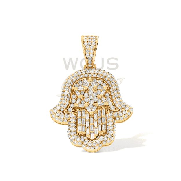 Diamond Hamza Hand Star Of David Pendant 2.18 ct. 10k Yellow Gold