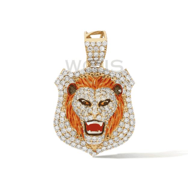 Diamond Enamel Lion Head Pendant 4.05 ct. 10k Yellow Gold