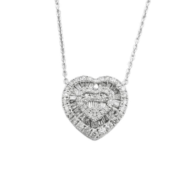 Baguette Diamond Heart Pendant with Gold Chain 0.63ct 14K White Gold