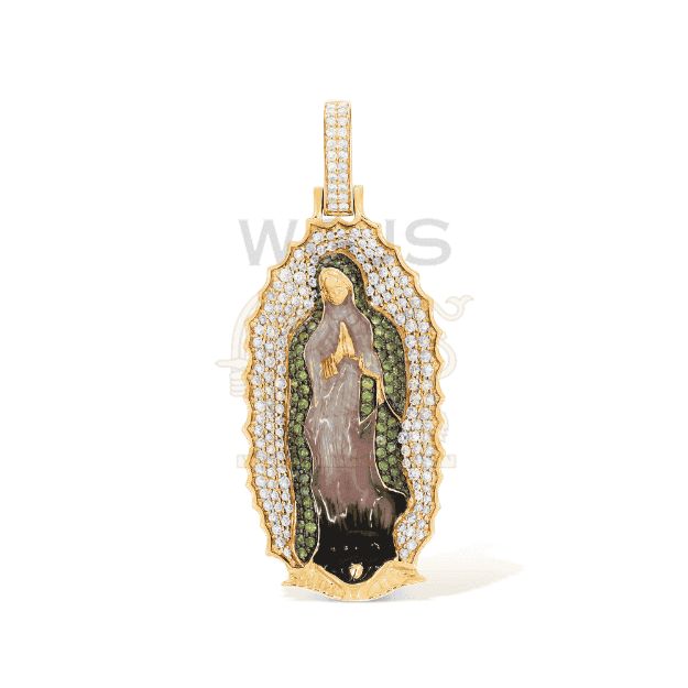 Mother Mary Diamond Pendant with Enamel 1.60 ct. 14k Yellow Gold