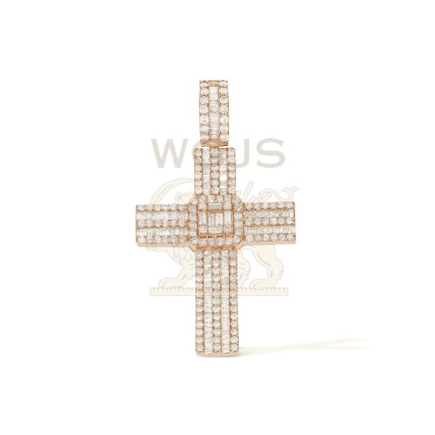 Baguette and Round Diamond Cross Pendant 3.54 ct. 14k Rose Gold