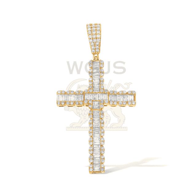 Baguette and Round Diamond Cross Pendant 2.00 ct. 14k Yellow Gold