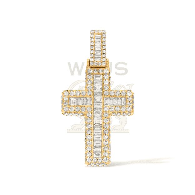 Baguette and Round Diamond Cross Pendant 2.40 ct. 14k Yellow Gold