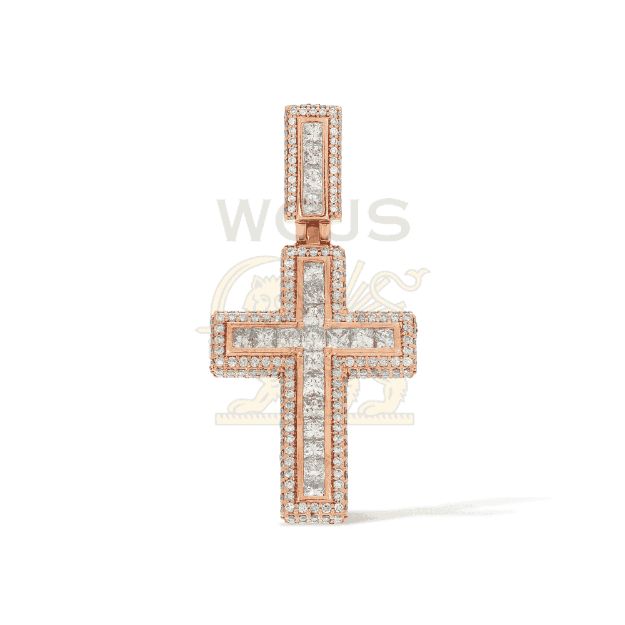 Princess Cut and Round Diamond Cross Pendant 4.05 ct. 14k Rose Gold