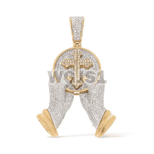 Hands Holding Cross Plate Diamond Pendant 0.94 ct. 10k Yellow Gold