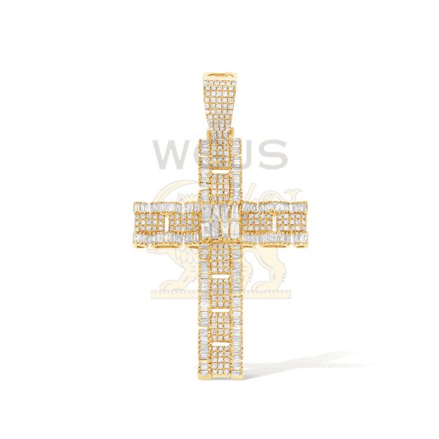 Baguette and Round Diamond Cross Pendant 1.64 ct. 14k Yellow Gold