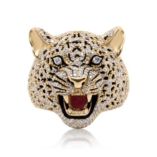 Diamond Cheetah Head Ring 1.62 ct. 14K Yellow Gold